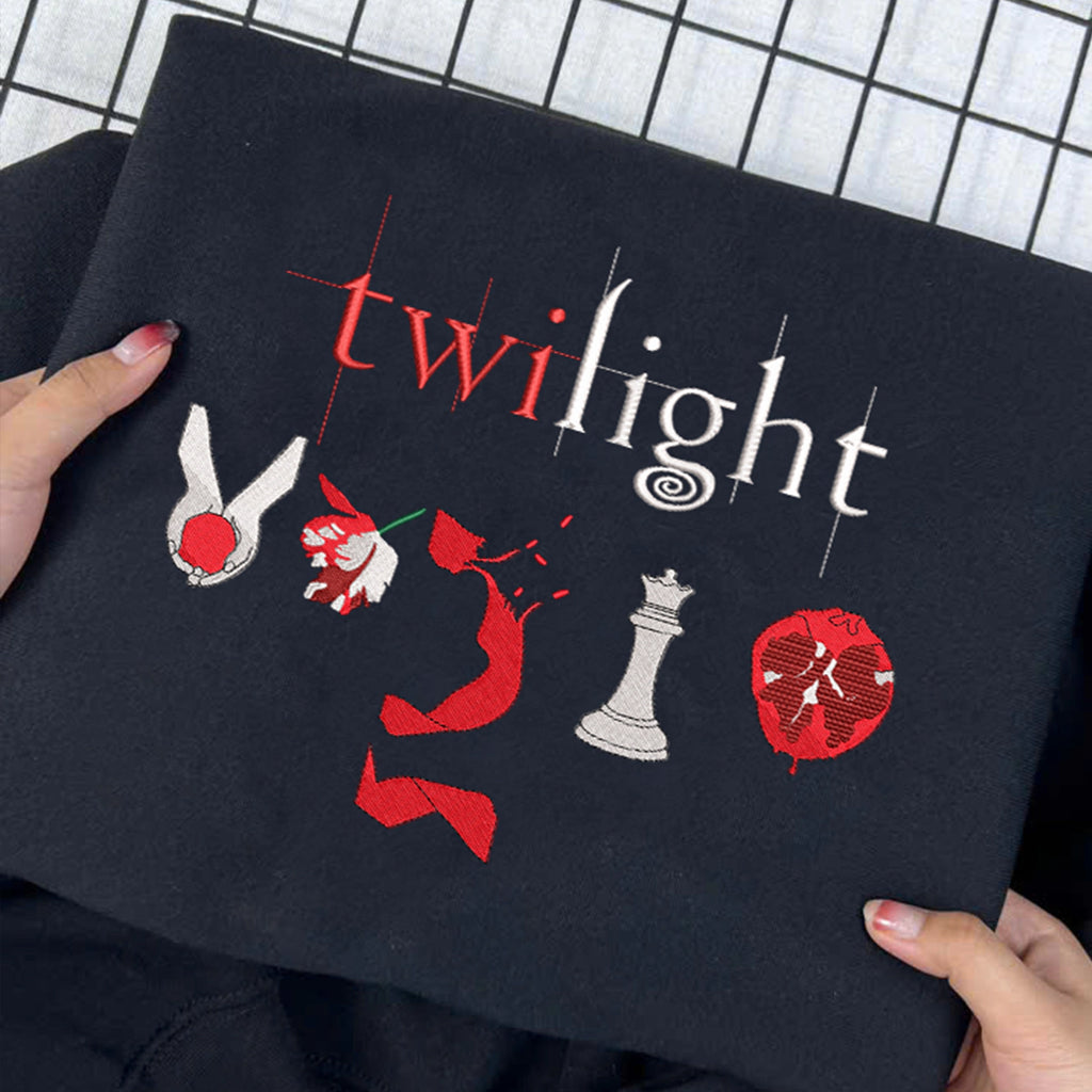 Literary embroidered crewneck featuring Twilight book merch design and soft cotton fabric