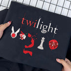 Literary embroidered crewneck featuring Twilight book merch design and soft cotton fabric