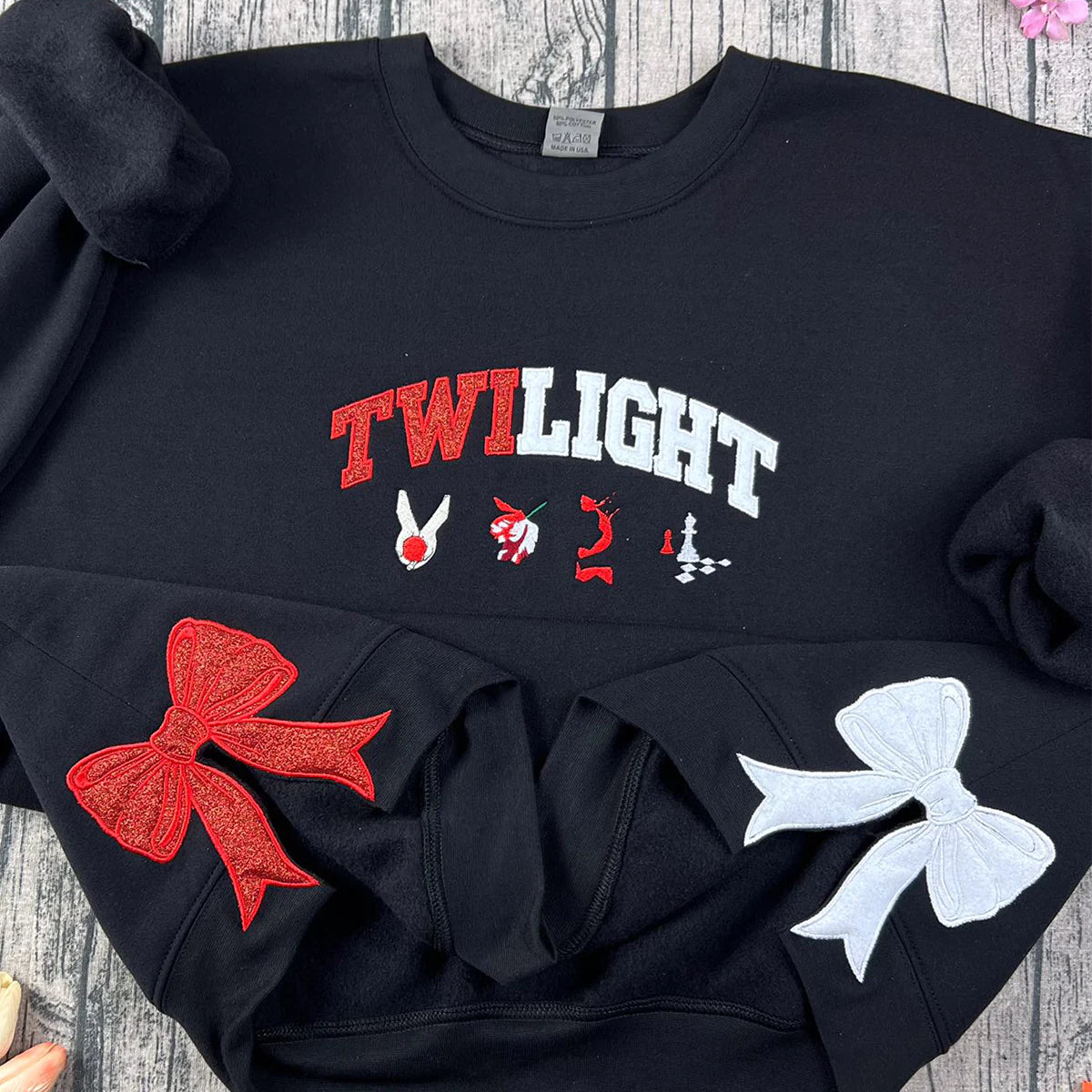 Twilight embroidered sweatshirt featuring book cover aesthetic, perfect for Twilight Saga fans.