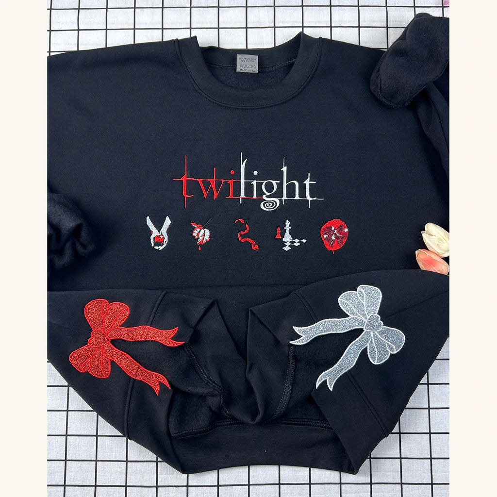 Twilight Side Bow Embroidered Sweatshirt with book cover design