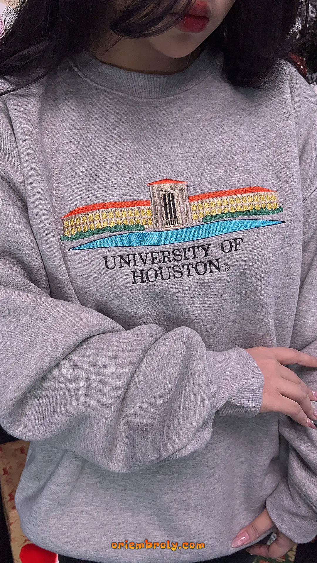 MD Anderson Library building embroidered on sweatshirt