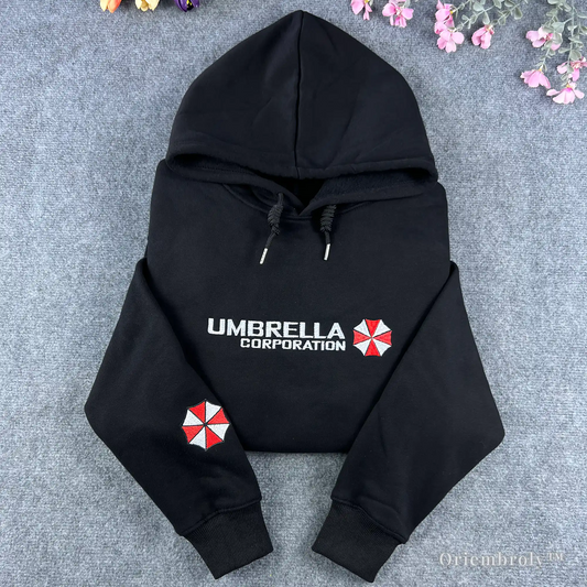 umbrella logo embroidered black fleece hoodie front view
