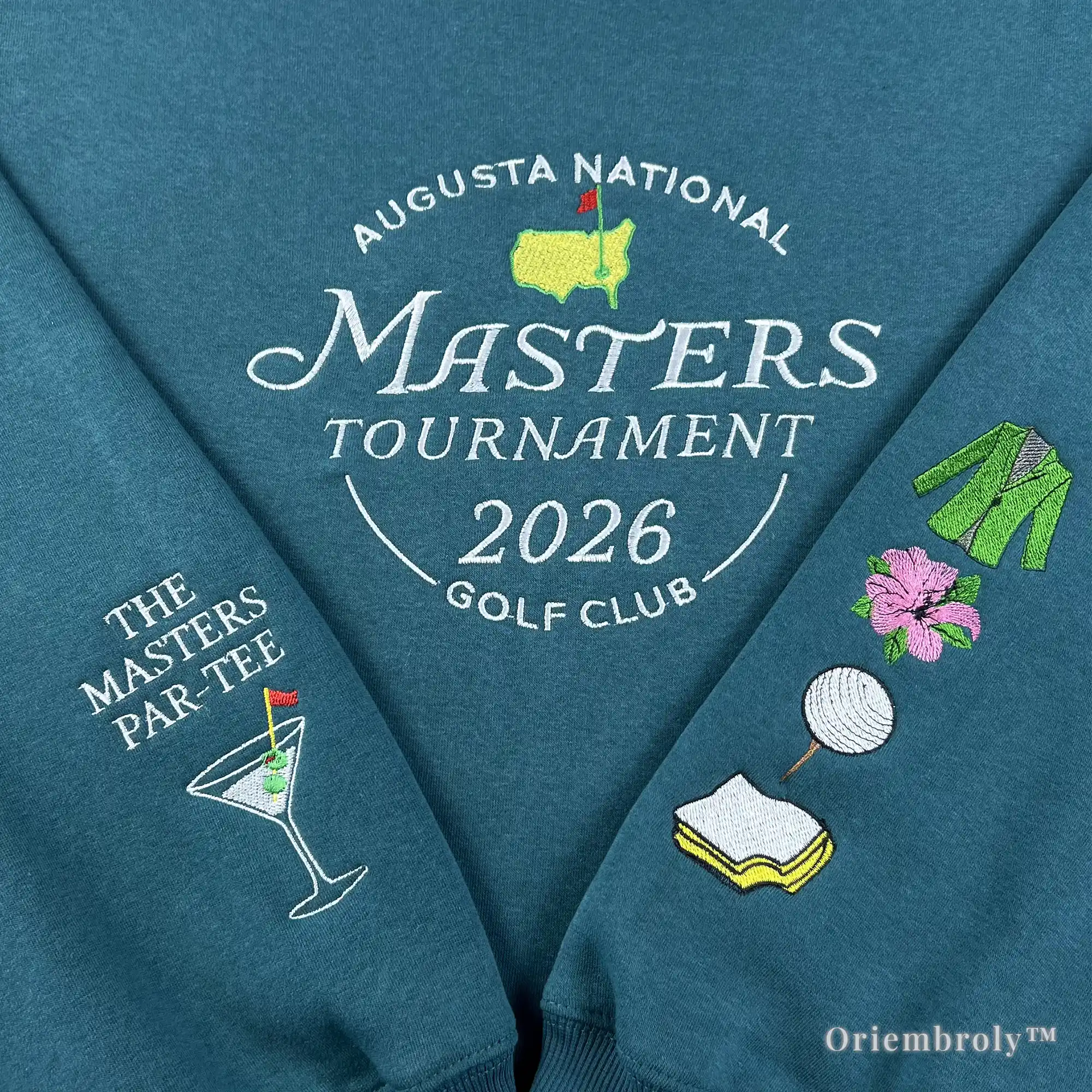 Unique gift idea for golf lovers: Masters Tournament sweatshirt with a playful "Par-Tee" martini glass embroidered on the sleeve. Stylish and high-quality golf-themed apparel