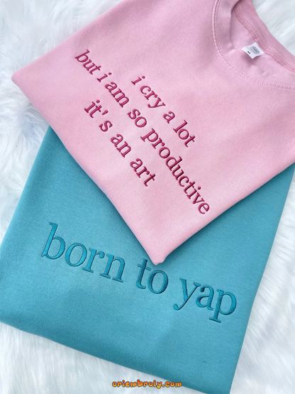 Custom typography embroidery sweatshirt close up