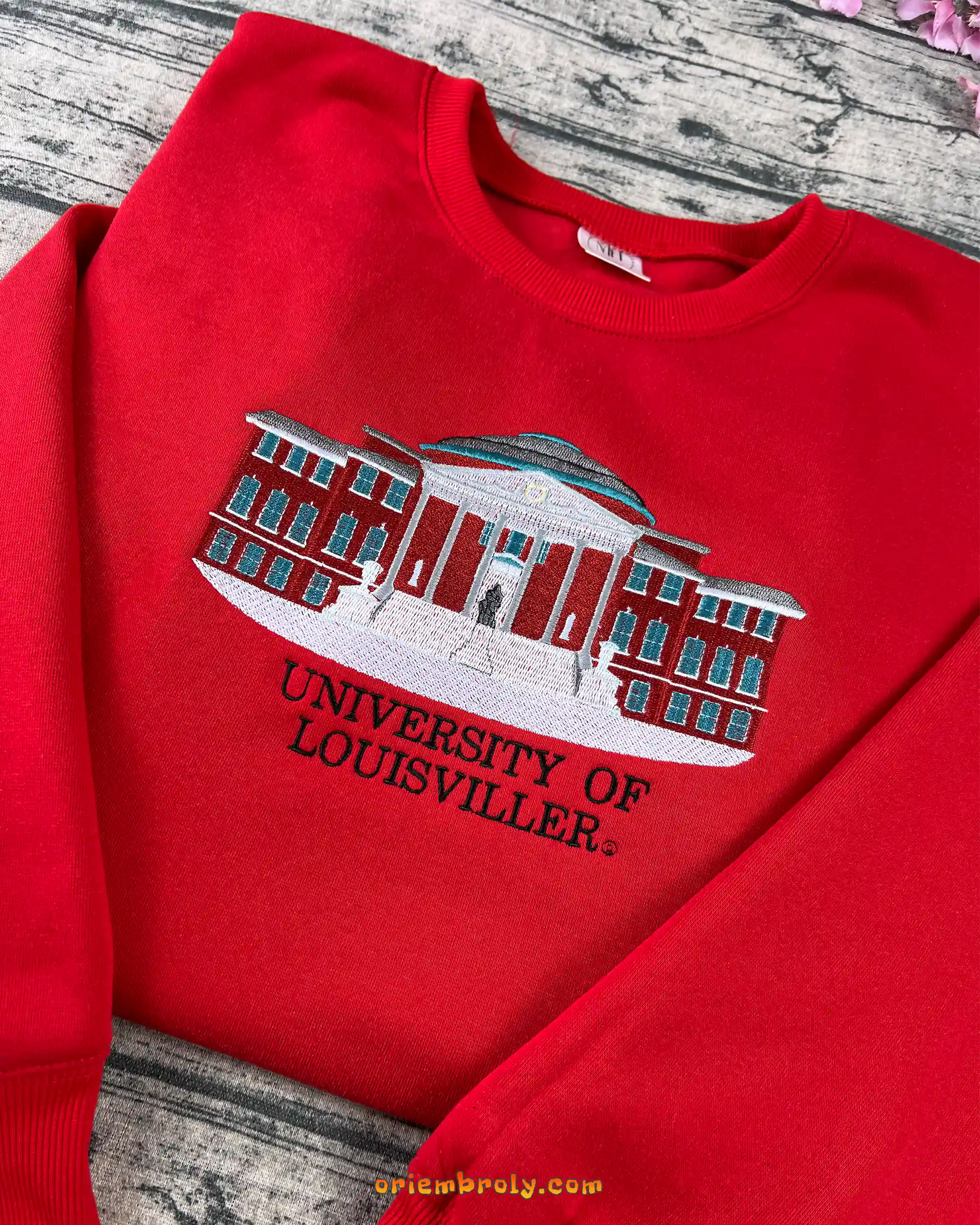 UofL college crewneck with detailed embroidery