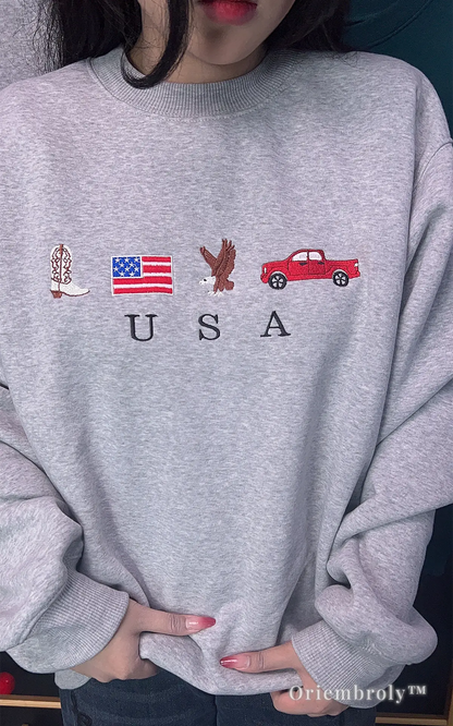 High-quality USA flag, truck, and eagle embroidered sweatshirt for men and women