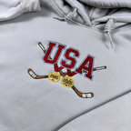 close up embroidery USA hockey hoodie satin stitching
