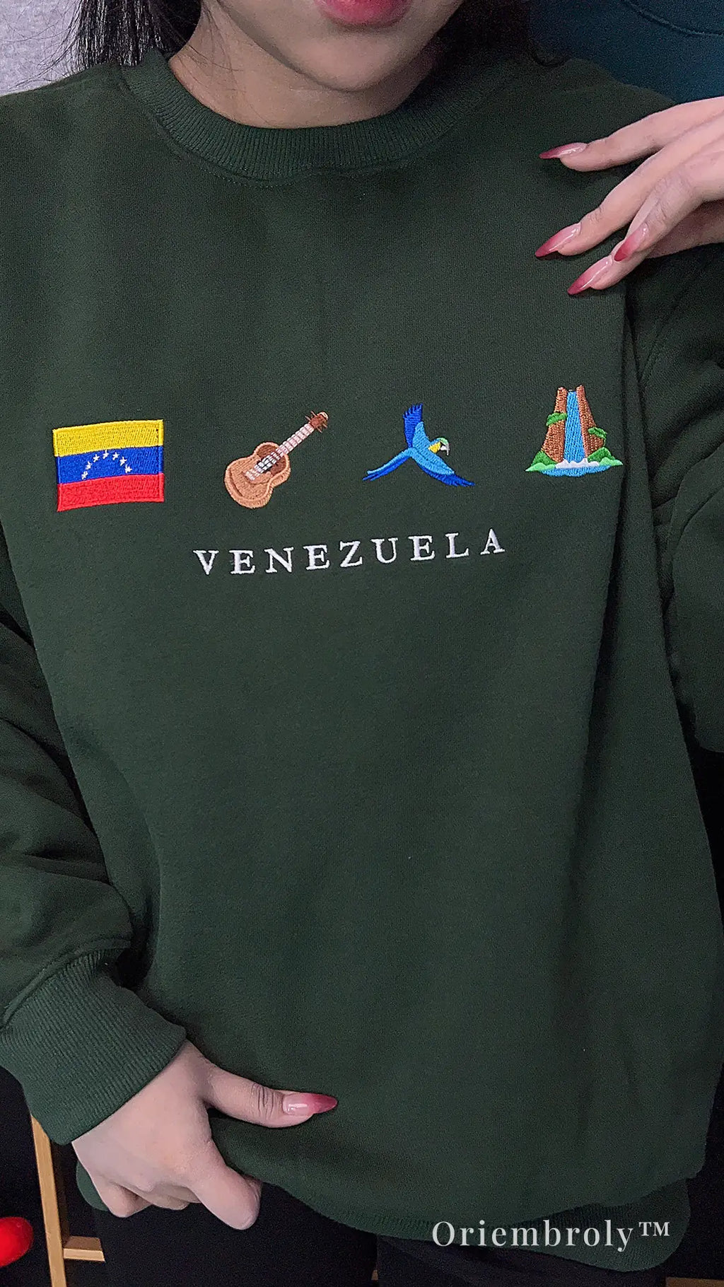model wearing Venezuela embroidered sweatshirt casually