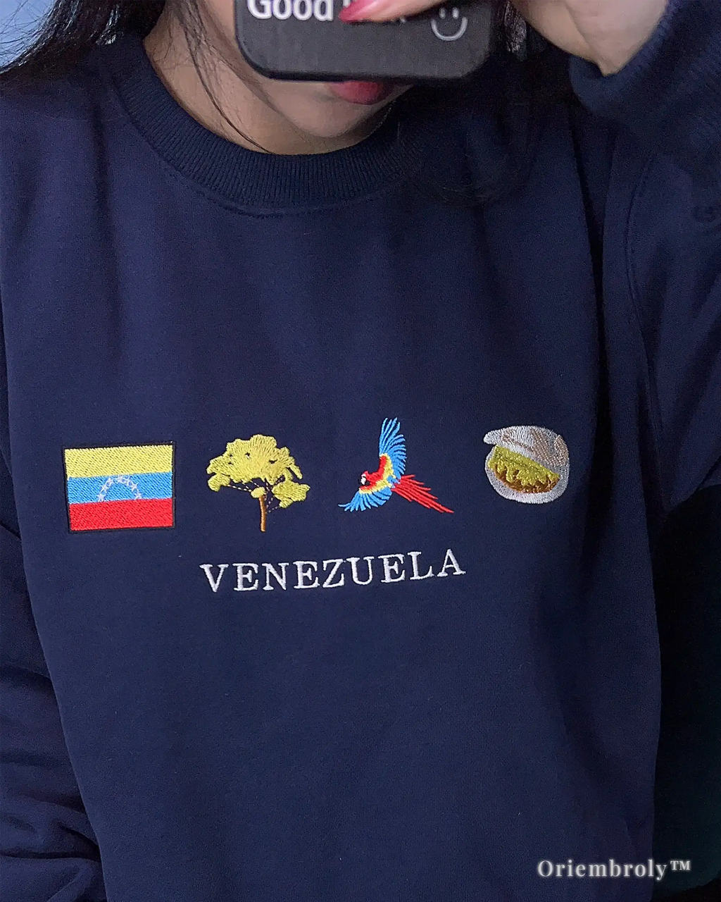 Venezuelan pride embroidered sweatshirt worn casually