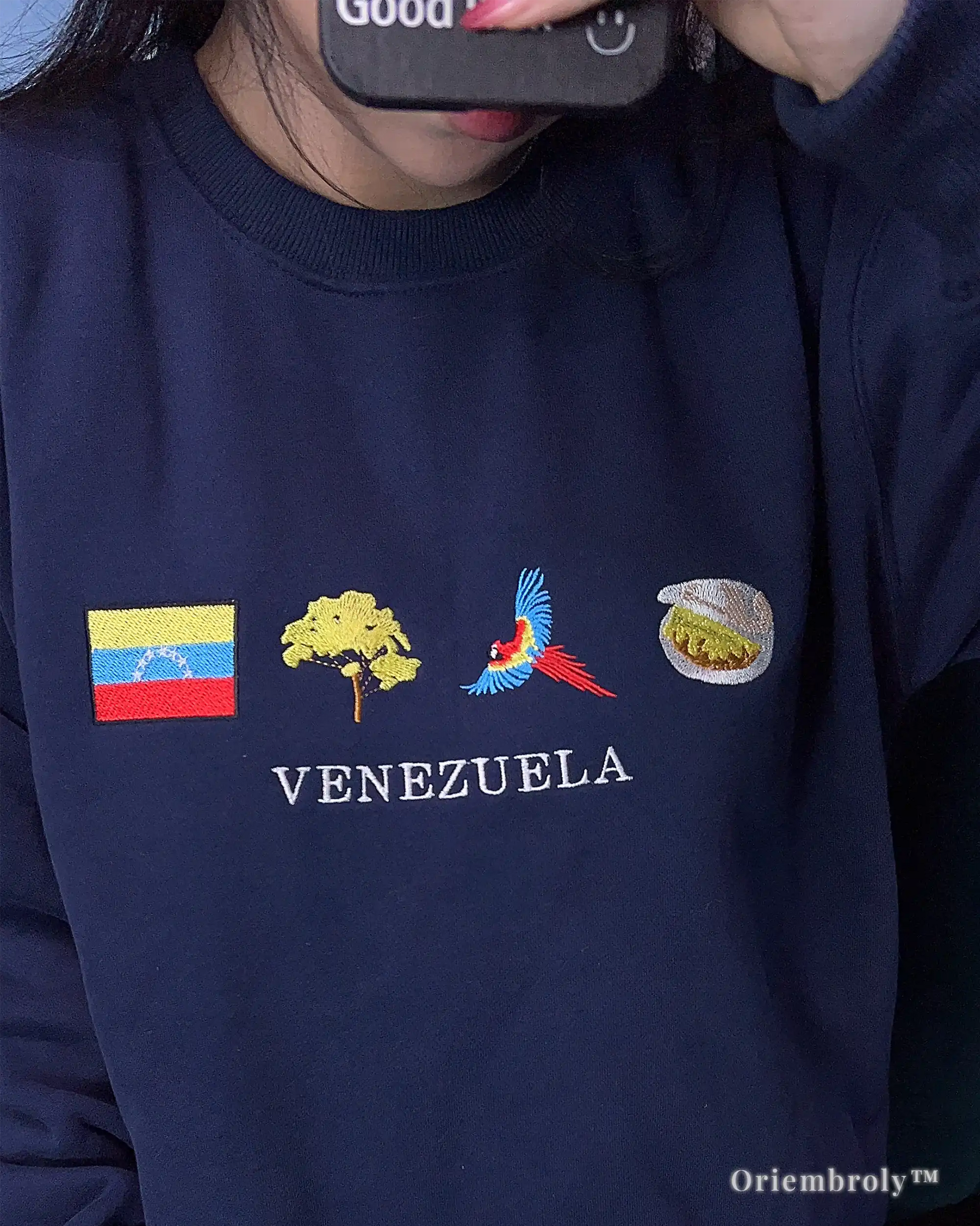 Venezuelan pride embroidered sweatshirt worn casually