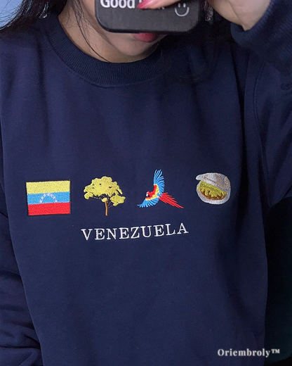Venezuelan pride embroidered sweatshirt worn casually