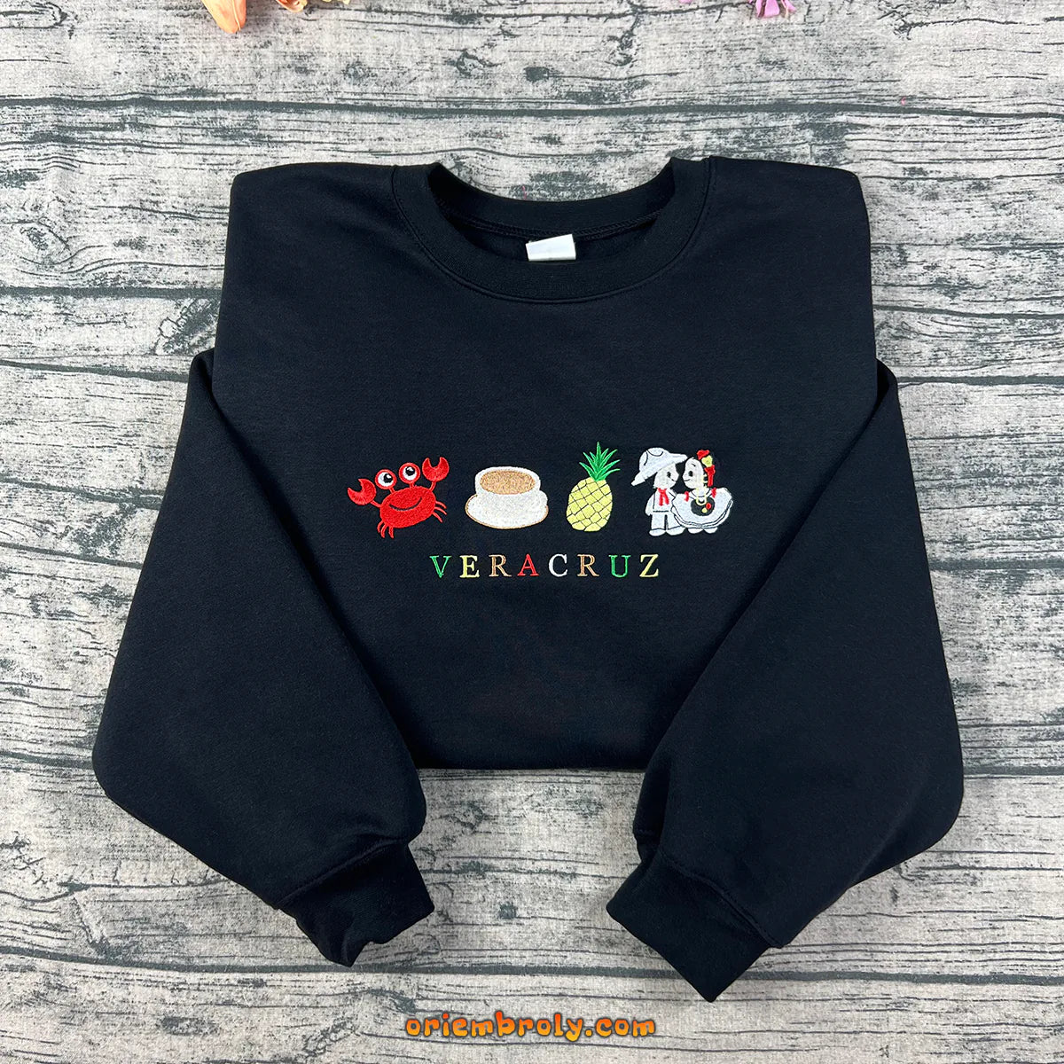 Veracruz Mexico embroidered black sweatshirt with crab and pineapple