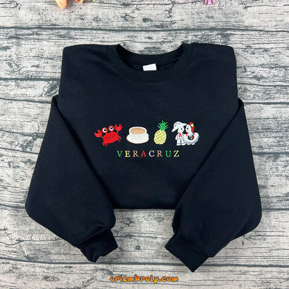 Veracruz Mexico embroidered black sweatshirt with crab and pineapple
