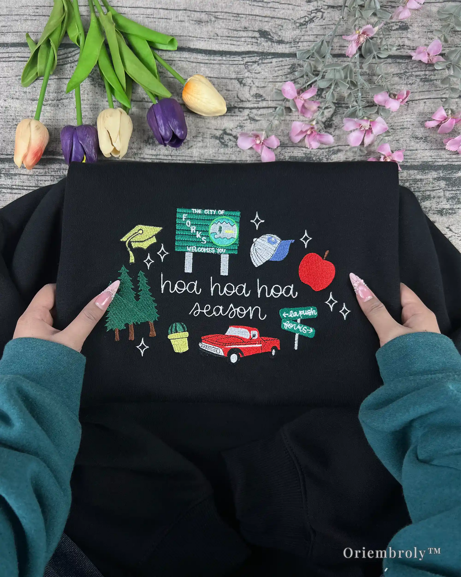 red truck embroidery detail on vintage crewneck sweatshirt