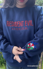 Vintage-style Resident Evil red embroidery crewneck in navy blue, comfortable cotton blend