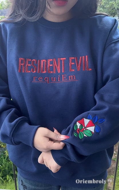 Vintage-style Resident Evil red embroidery crewneck in navy blue, comfortable cotton blend