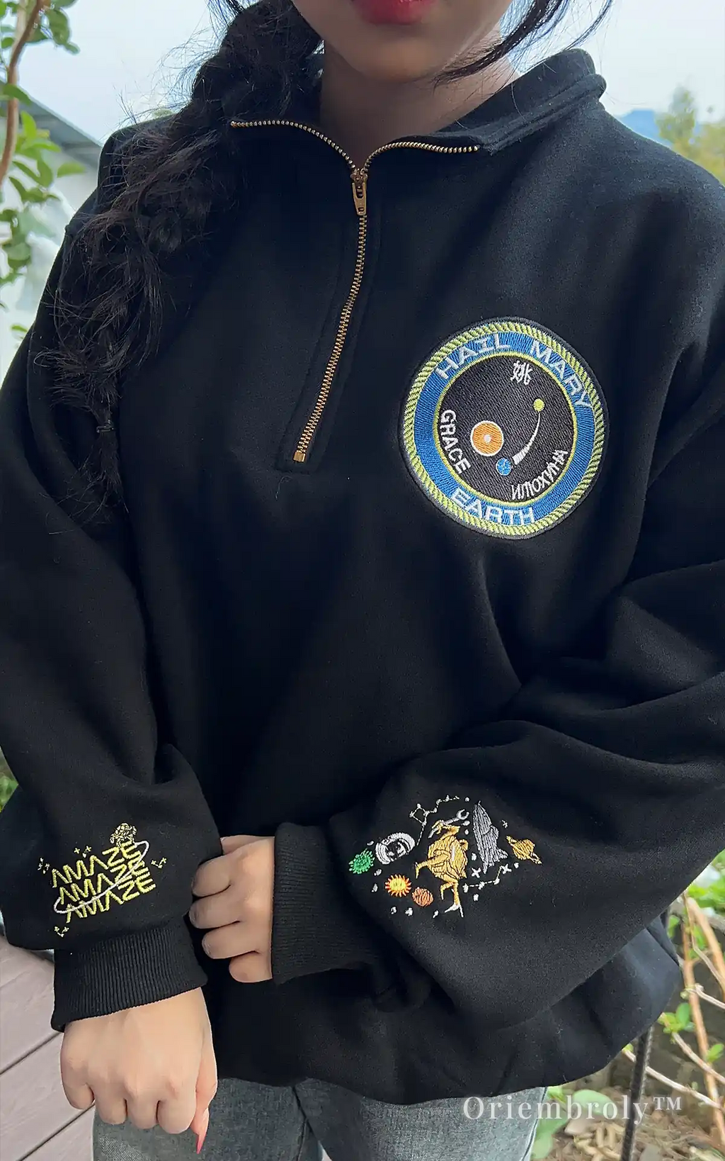 Vintage-inspired space exploration mission sweatshirt with intricate sleeve patches and mission logos. Stylish astronaut-themed pullover for casual wear or science center visits