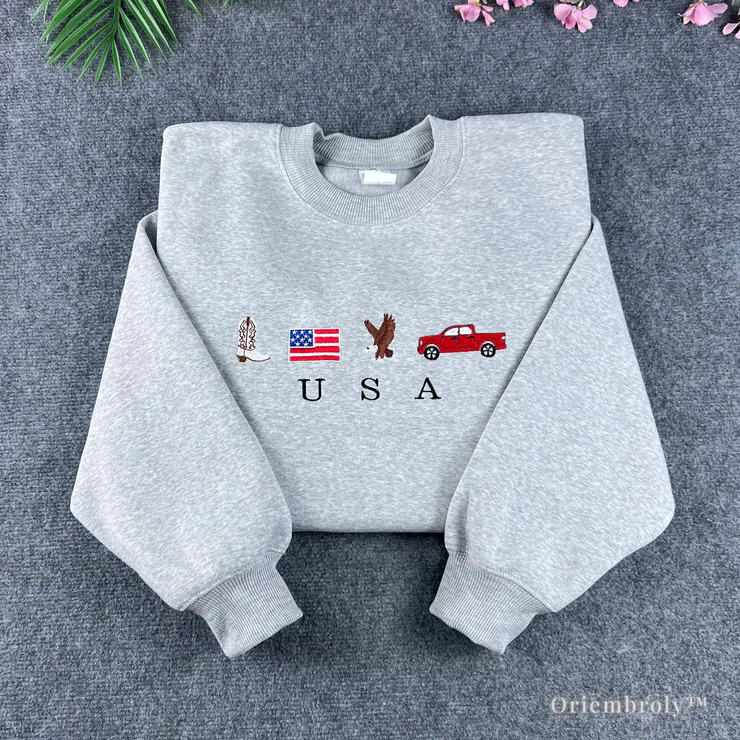 Heather grey vintage USA embroidered sweatshirt with American flag and eagle details