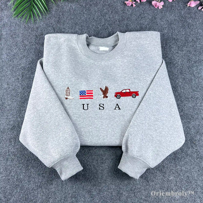 Heather grey vintage USA embroidered sweatshirt with American flag and eagle details