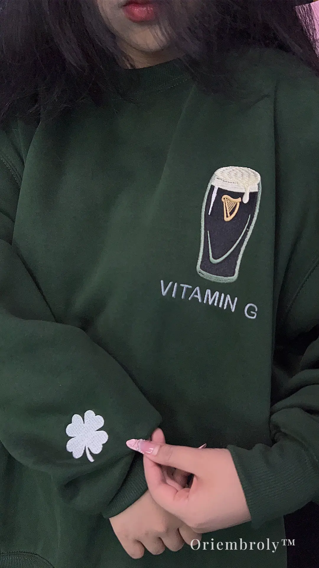 model wearing Irish stout embroidered crewneck sweatshirt