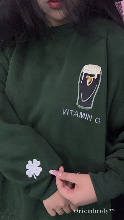 model wearing Irish stout embroidered crewneck sweatshirt