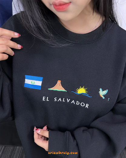 El Salvador flag and landscape embroidered crewneck
