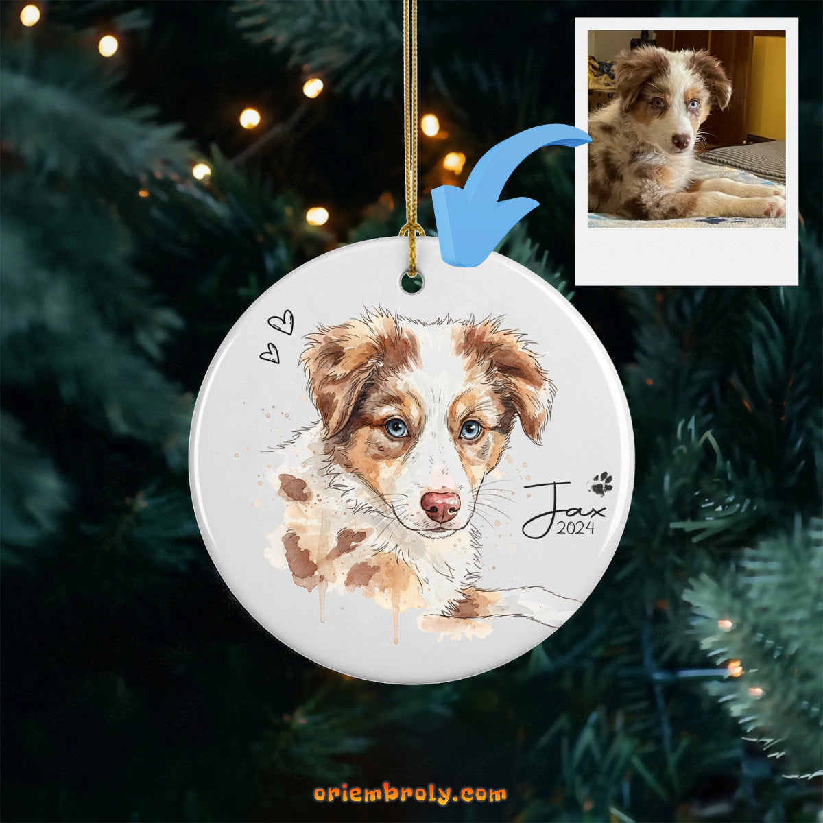 Custom watercolor photo ornament for Christmas