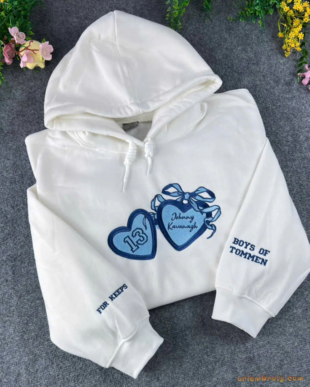 White oversized hoodie embroidered with double coquette heart bows and Best of Friends text on the sleeve