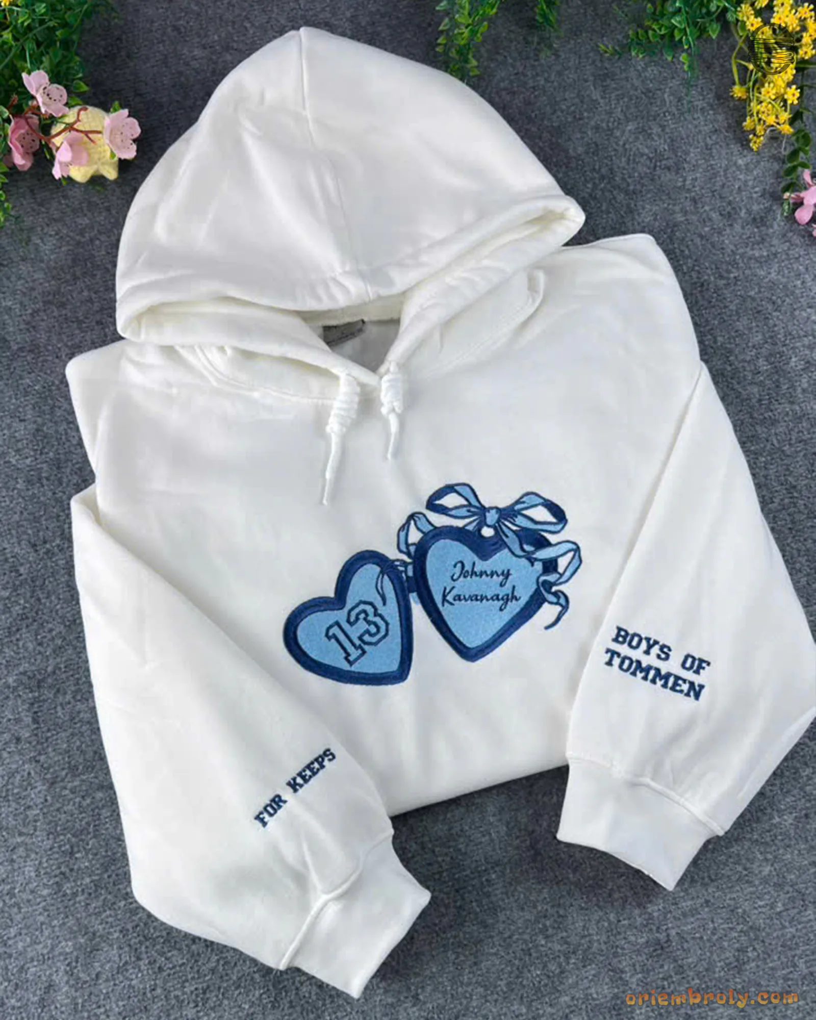White oversized hoodie embroidered with double coquette heart bows and Best of Friends text on the sleeve