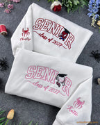 Pair of white embroidered sweatshirts featuring SENIOR Class of 2027 text with Spider-Man graphics and custom sleeve cuffs.