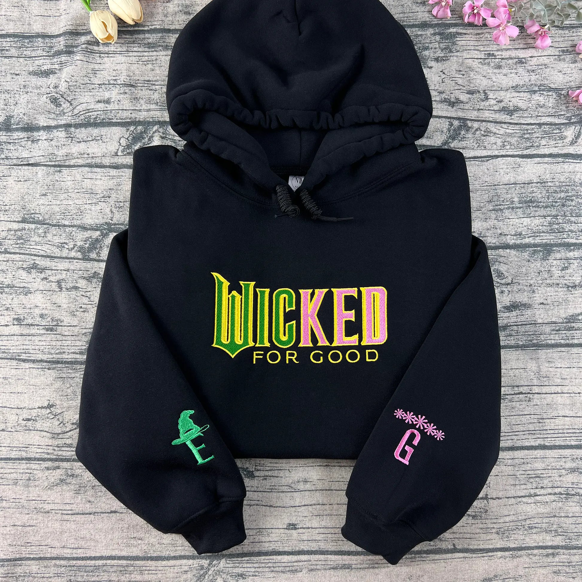 Wicked embroidery sweatshirt featuring Defying Gravity design, Elphaba and Glinda inspired hoodie, perfect fan gift for Wicked musical movie lovers