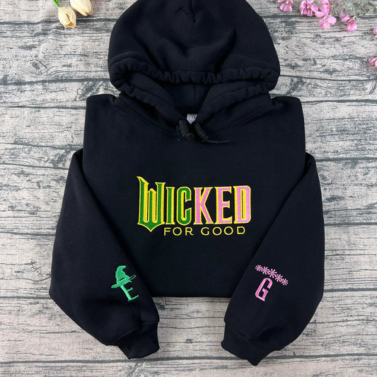 Wicked embroidery sweatshirt featuring Defying Gravity design, Elphaba and Glinda inspired hoodie, perfect fan gift for Wicked musical movie lovers