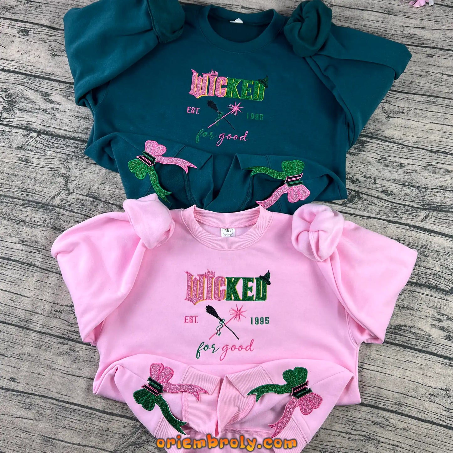 Wicked Fan embroidered sweatshirt front view with glitter bow