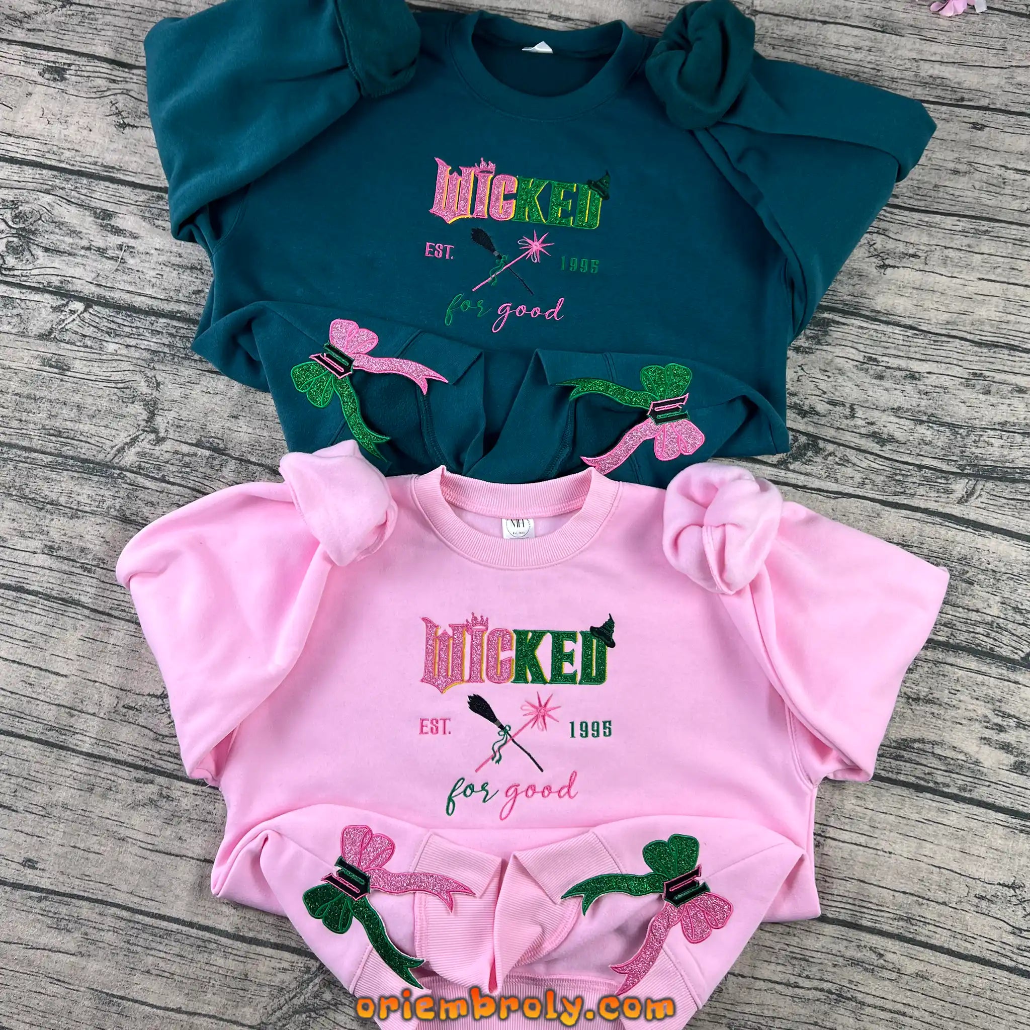 Wicked Fan embroidered sweatshirt front view with glitter bow