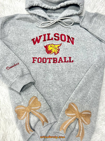 Gray hoodie with 'Wilson Football' text and logo on a white background