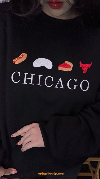 Chicago skyline embroidery on cotton-poly sweater