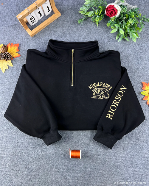 Wingleader embroidered quarter zip sweatshirt with metallic gold dragon design