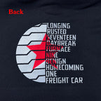Black sweatshirt with text and red star design on the back