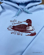 Handwritten-style wolf bird text embroidery