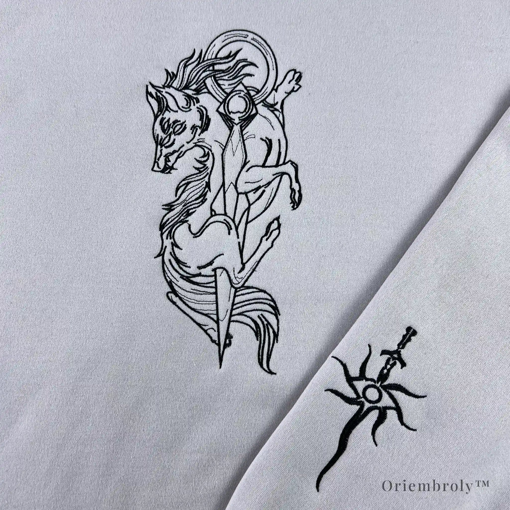 Close up black line art wolf and sword embroidery