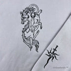 Close up black line art wolf and sword embroidery