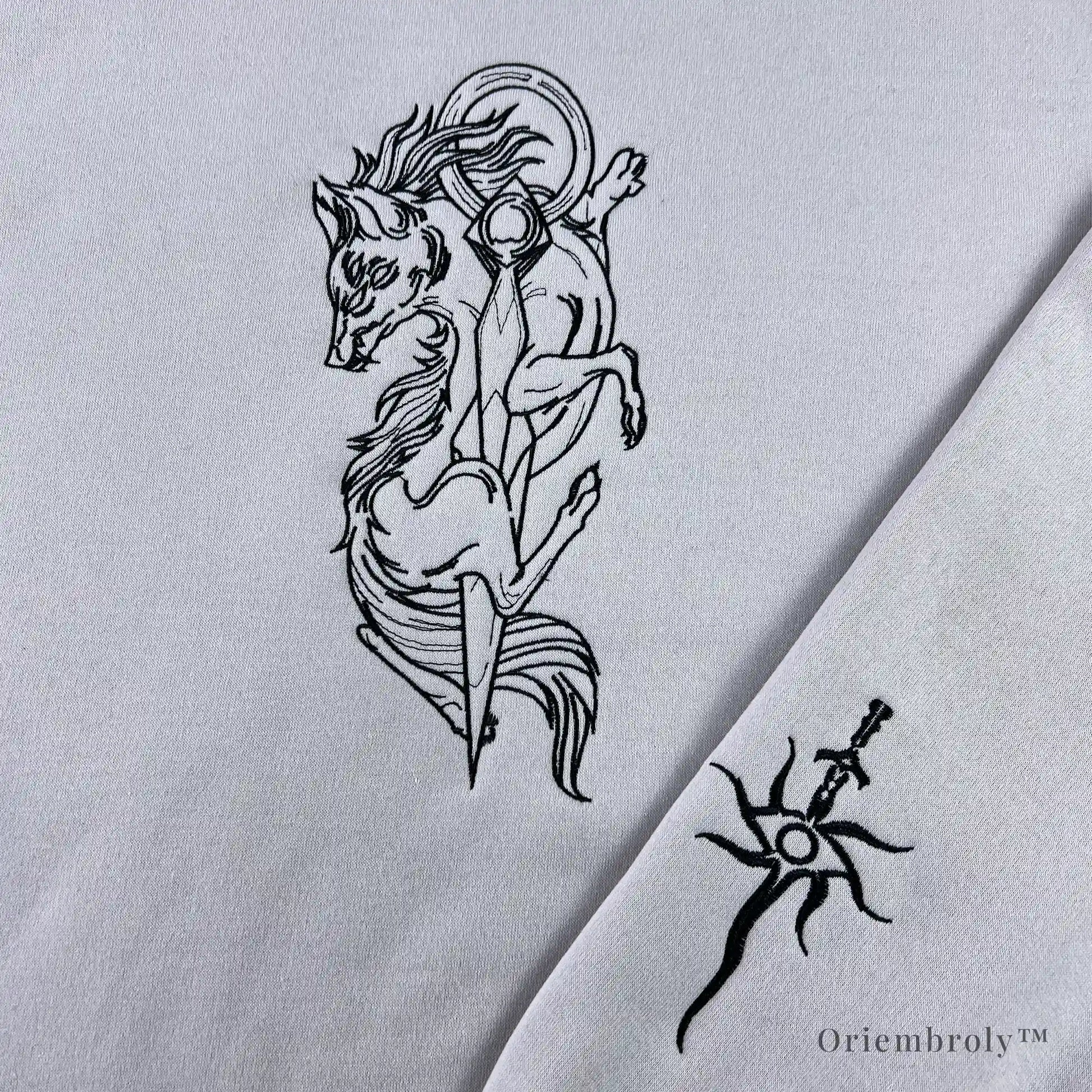 Close up black line art wolf and sword embroidery