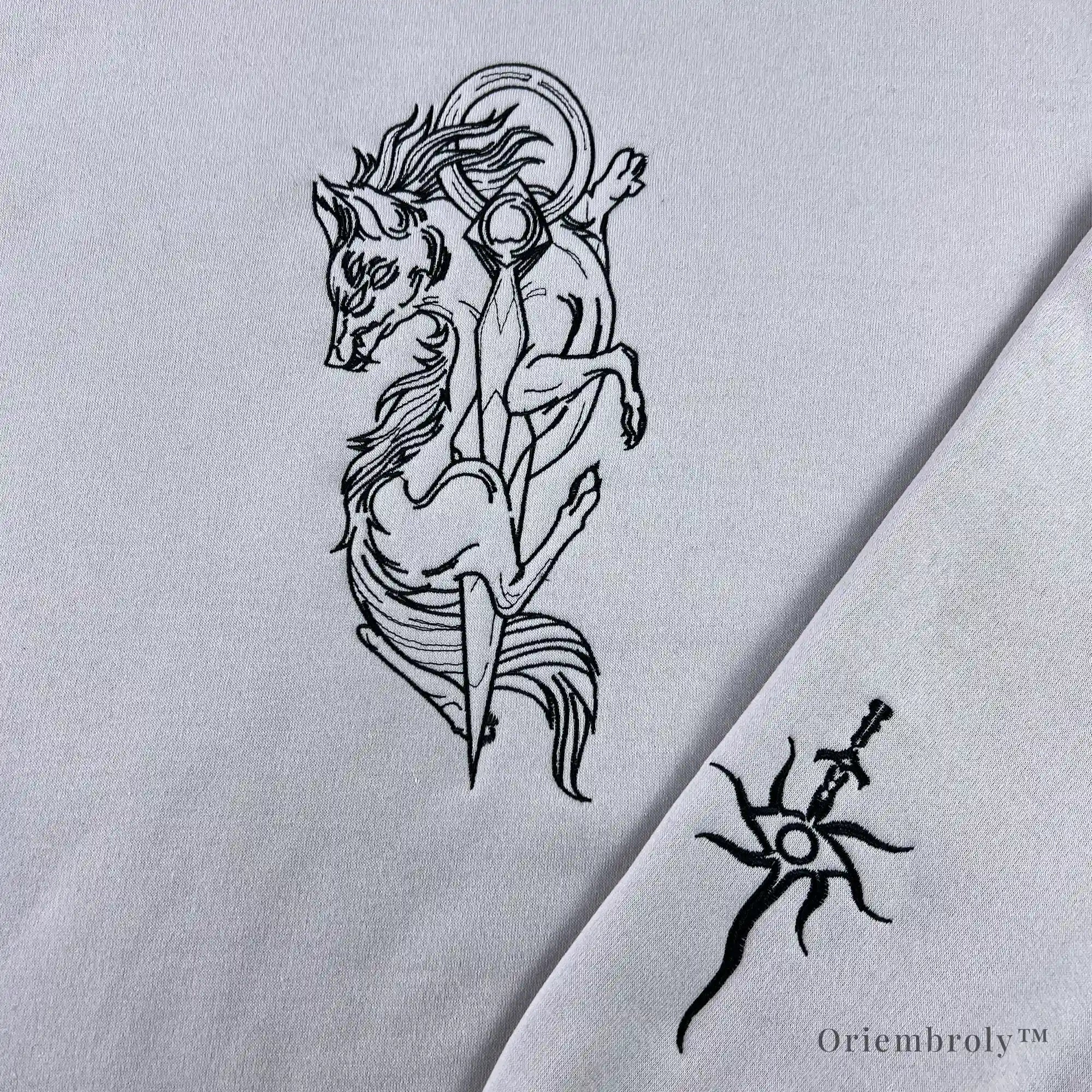 Close up black line art wolf and sword embroidery