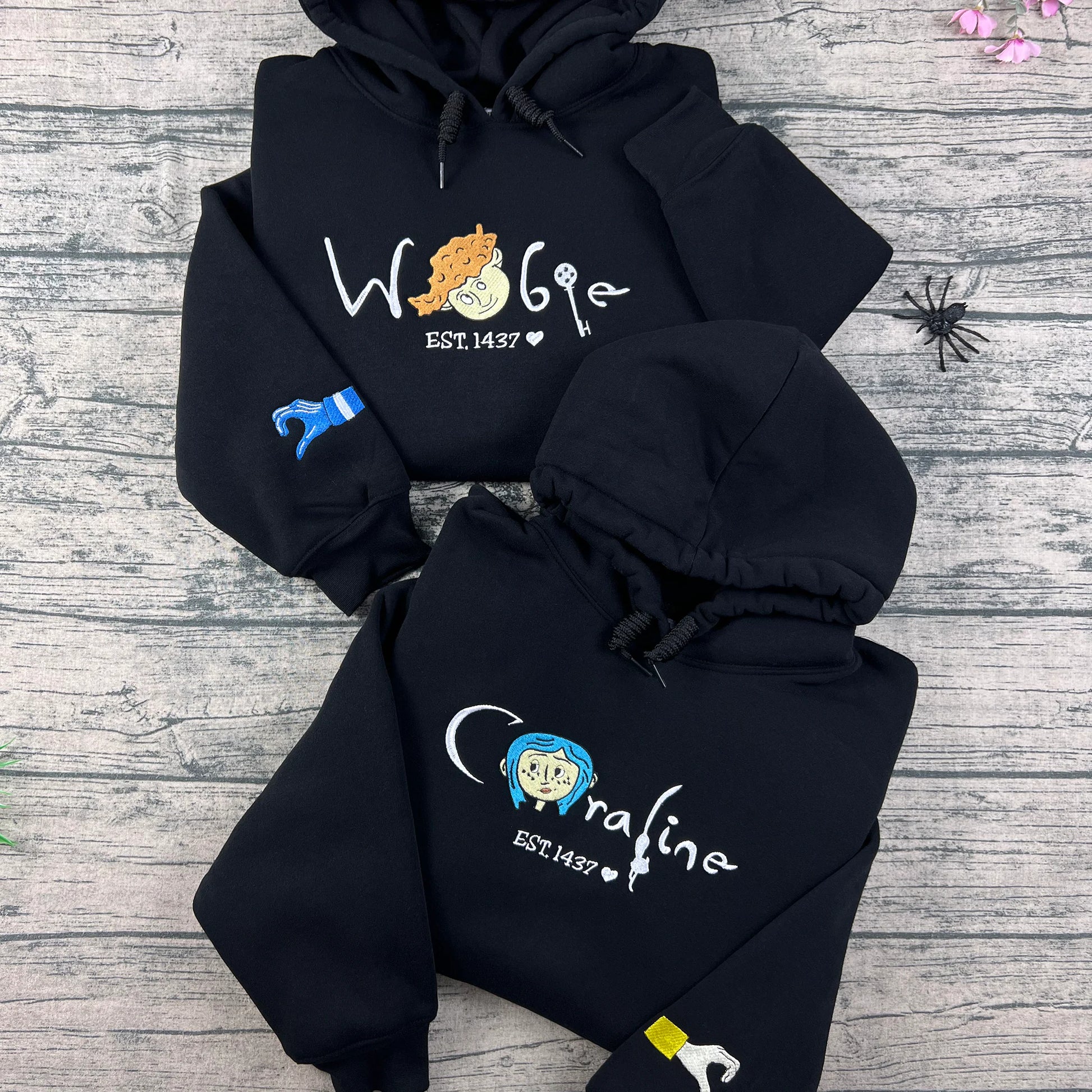 Wolfie and Coraline hoodie – personalized character embroidered sweatshirt, cozy fan merch gift