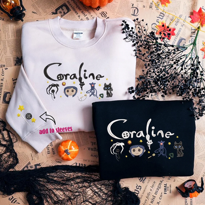 White and black sweatshirts with 'Coraline' design on a newspaper background