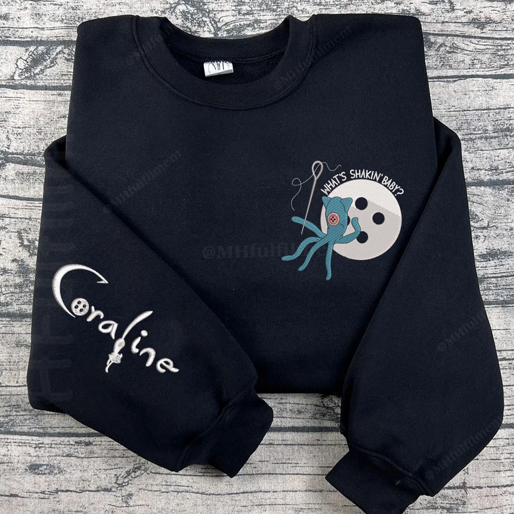Halloween sweatshirt featuring Coraline horror design