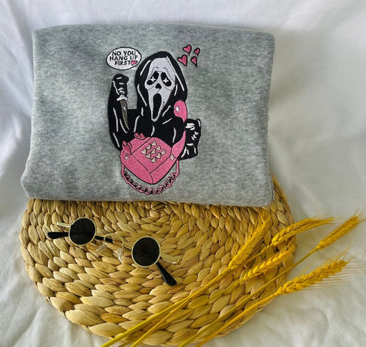 Ghostface No You Hang Up, Scream Ghost Face Embroidered Sweatshirt