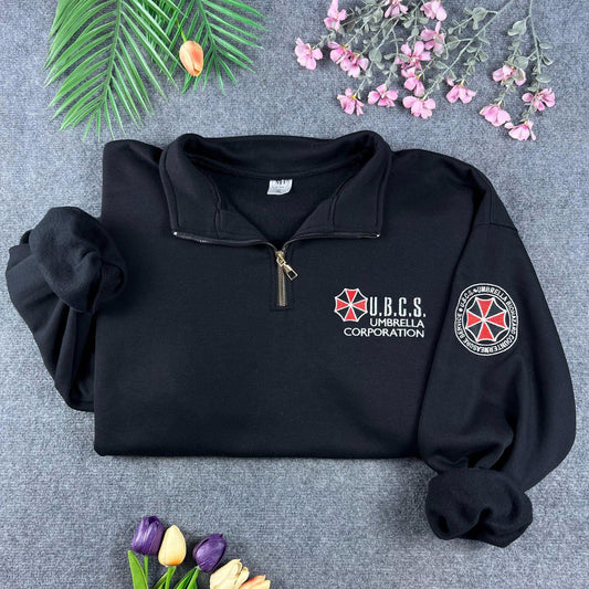 Resident Evil Umbrella Corp UBCS Embroidered Quarter Zip – Biohazard Tactical Pullover