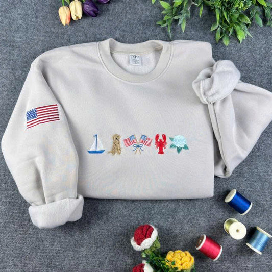 New England Coastal Embroidered Sweatshirt – Vintage Old Money Crewneck